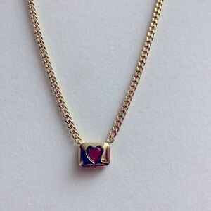 Pink/Blue Heart in Golden Rectangle Necklace